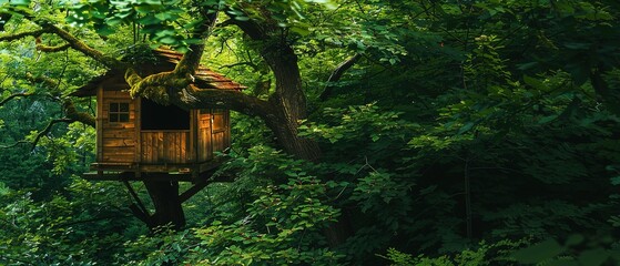 A Wooden Treehouse Nestled Amidst the Verdant Canopy of an Ancient Forest