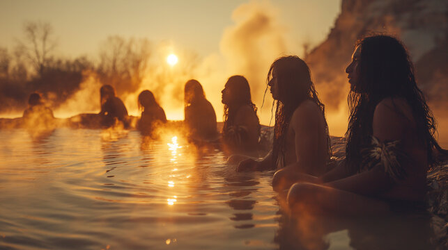 A visually stunning composition featuring a traditional Native American sweat lodge ceremony, with participants gathered around a sacred fire pit, enveloped in steam and smoke as t