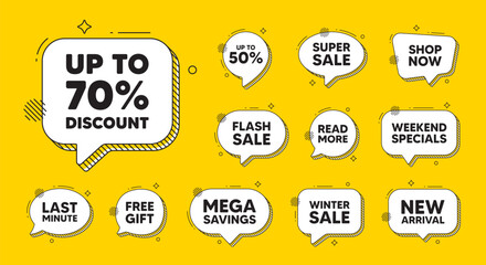 Offer speech bubble icons. Up to 70 percent discount. Sale offer price sign. Special offer symbol. Save 70 percentages. Discount tag chat offer. Speech bubble discount banner. Text box balloon. Vector