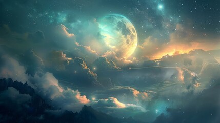 Fototapeta premium Celestial bodies' ethereal light adds glow to landscape wallpaper