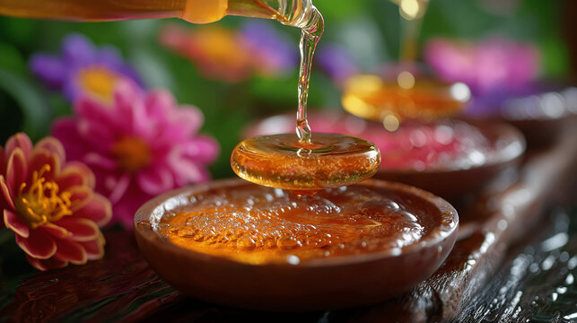 A close-up photograph capturing the soothing warmth and vibrant colors of a traditional Ayurvedic oil massage, with fragrant oils being poured over the body and gently massaged int