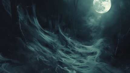 Moonlit forest's mystery deepened by ghostly fog tendrils wallpaper