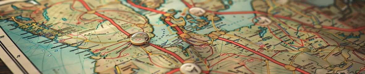 Detailed vintage map design with multiple routes highlighted