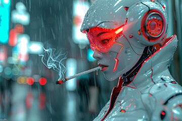 Cyberpunk Robot in Rain on Street - Futuristic 4K Street Photography