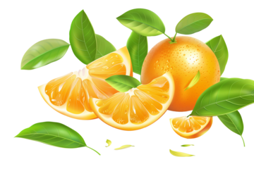 Whole and split oranges with bright leaves isolated on a transparent background