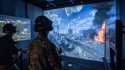 Soldiers wearing VR headsets engage in a immersive training simulation with realistic battlefield scenarios.