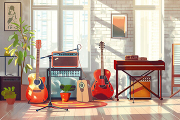 A room with a piano, a guitar, and a microphone