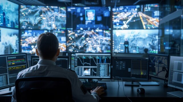 A focused security officer is overseeing a high-tech surveillance system with various live video feeds during a nighttime shift. - Powered by Adobe