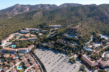 Aerial drone photo of the beautiful city of Benidorm in Spain in the summer time showing a large...