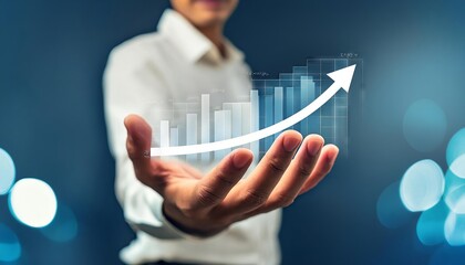 Businessman hand holding a virtual growth graph data showing investment, sales and revenue growth