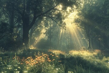 Obraz premium Enchanted Grove: Mystical Creatures in Dreamy Forest Clearing.