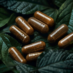 Herbal drug and Bottle on leaves. Herbal supplement capsules on green leaves background, capsules with inner glow.