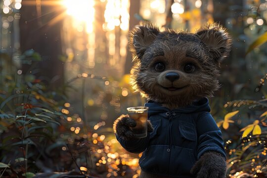 Duffy in Blue Hoodie: Night Scene Drink Hold with Dramatic Backlighting Digital Art