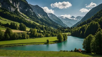 Fototapeta premium wide side view, mountain, forrest landscape, lake and waterfall, valley with fields, switzerland inspiration, nikon d5600 photography