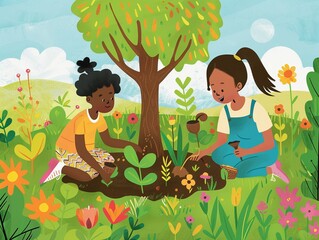 A garden scene where children plant a tree in honor of Mothers Day
