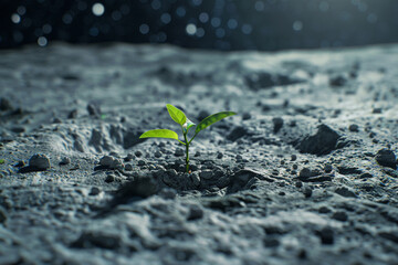 A young green plant sprouting through the gray, dusty surface of the moon, symbolizing the discovery of potential life and growth in the barren lunar landscape 