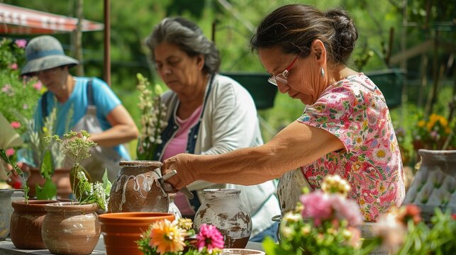 A lively session of making and decorating pottery vases in the backyard