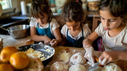 Children and their mother creating a family cookbook with favorite recipes and personal notes.