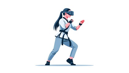 Fototapeta premium A flat design illustration of a woman using VR technology to practice defensive martial arts stances, isolated on a white background.