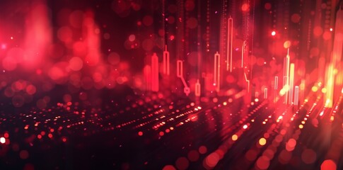 Red stock market graph background with bokeh lights and holographic elements for a financial business concept.
