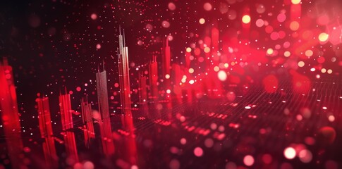 Red stock market graph background with bokeh lights and holographic elements for a financial business concept.