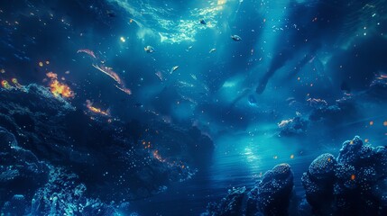 Obraz premium Bioluminescent creatures drifting through surreal underwater scene wallpaper