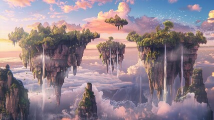 Surreal dreamscape floating islands pastel-colored sky waterfalls wallpaper