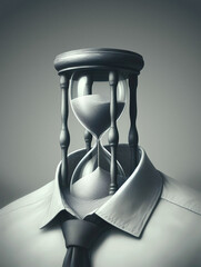 Editorial concept image, businessman with hourglass head, deadlines, time, sand, stress, money, 