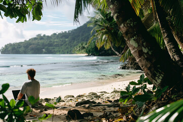A young professional with a laptop works remotely from a serene tropical beach, embodying the digital lifestyle amidst trees and ocean views 