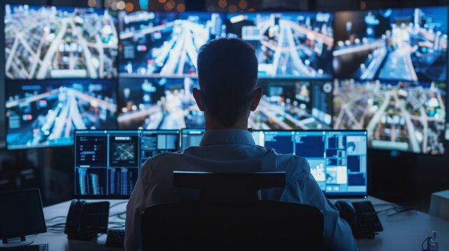 Security Professional Monitors Multiple Surveillance Screens at Night