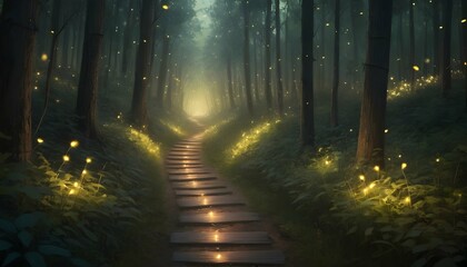 A forest pathway illuminated by the soft glow of f