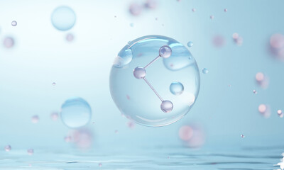 Molecule inside Liquid Bubble on water background. skin care cosmetics solution, 3d illustration