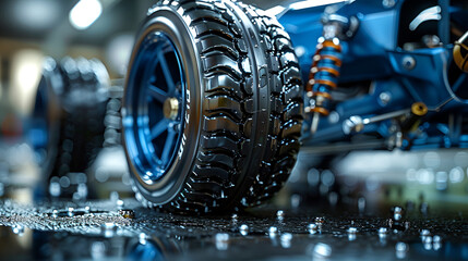 close up of a wheel,
The suspension of the car is seen and photograph,
