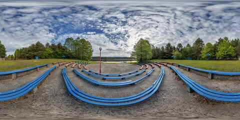 full seamless spherical hdri 360 panorama at the amphitheater with wooden benches at the pier on...
