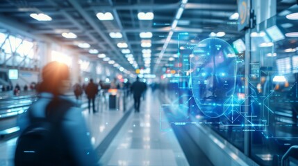 Travelers walk through a bustling airport terminal enhanced with a glowing digital interface hologram, highlighting modern travel technology.