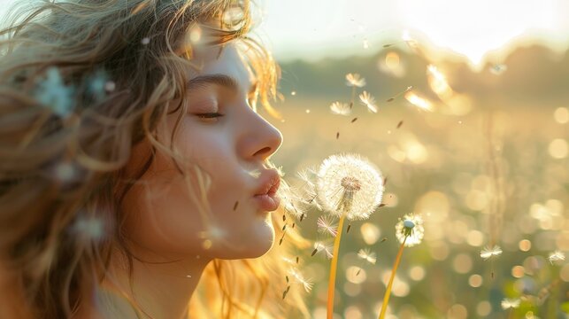 A young woman blowing on dandelions in a sunlit field, with dandelion seeds dispersing in the wind. The soft golden light enhances the dreamy and peaceful atmosphere of the scene.