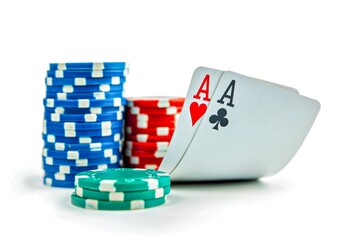 poker chips and aces isolated on white background