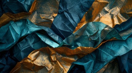 A colored pattern features a gold leaf, with multi-layered color fields in dark azure and dark amber, reflecting a naturalist aesthetic.