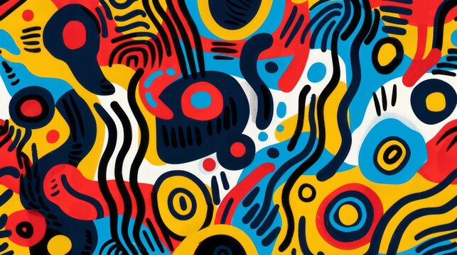 A colorful abstract pattern features circular shapes, playful graffiti, accurate topography, and bold lines and shapes.