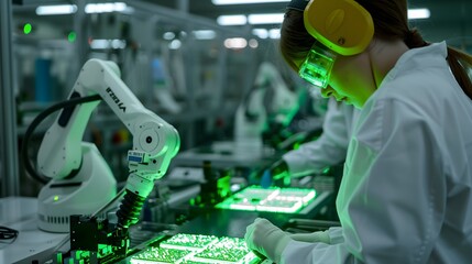 Scientist working and analyzing robot work in chip factory