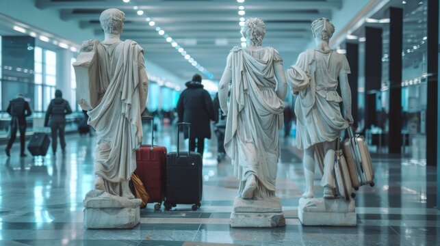 Antique Greek and Roman statues travel with suitcases. Sculptures of travelers at the airport.