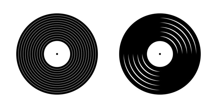 Black vinyl record icons. LP or long play music plates for gramophone isolated on white background. DJ techno party equipment. 70s 80s 90s discotheque nostalgia concept. Vector graphic illustration.