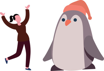 Penguin and girl having fun.