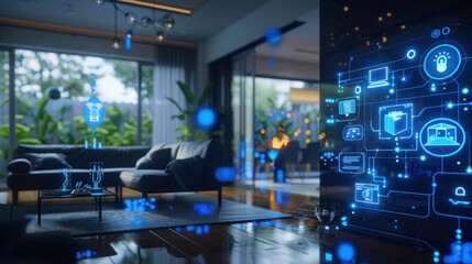 Futuristic smart home interior with connected devices and floating blue digital symbols for modern living