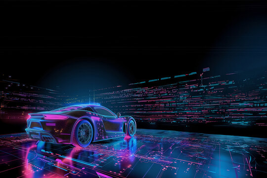 voiture de sport, futuriste n&eacute;on bleu et rose sur fond de ville num&eacute;rique en lumi&egrave;re, holographe virtuel - espace n&eacute;gatif copyspace