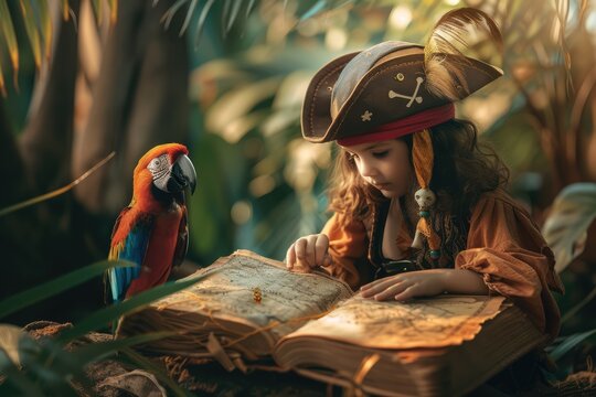 Smart child wearing pirate uniform while looking at treasure map at island. Skilled little explorer and parrot searching and finding treasure while holding map and exploring at forest island. AIG42.