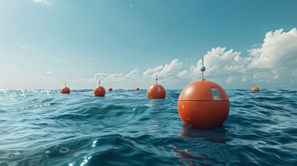 Several orange buoys are seen floating on the surface of the ocean, bobbing gently with the waves.