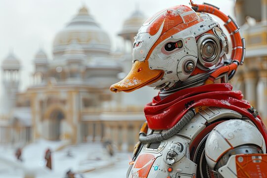 Robot Duck: Intricately Detailed Digital Painting in Futuristic Palace with Elegant Alien Twist