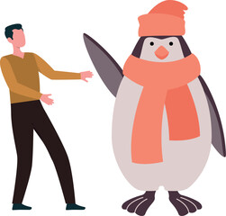 The penguin is playing with the boy.