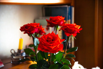 red roses in the interior of the house where the back shows an extinguished candle in the section